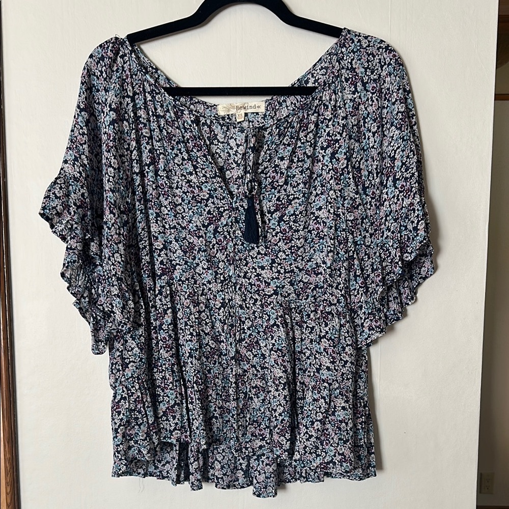 Rewind Blue and White Flutter Sleeve Blouse